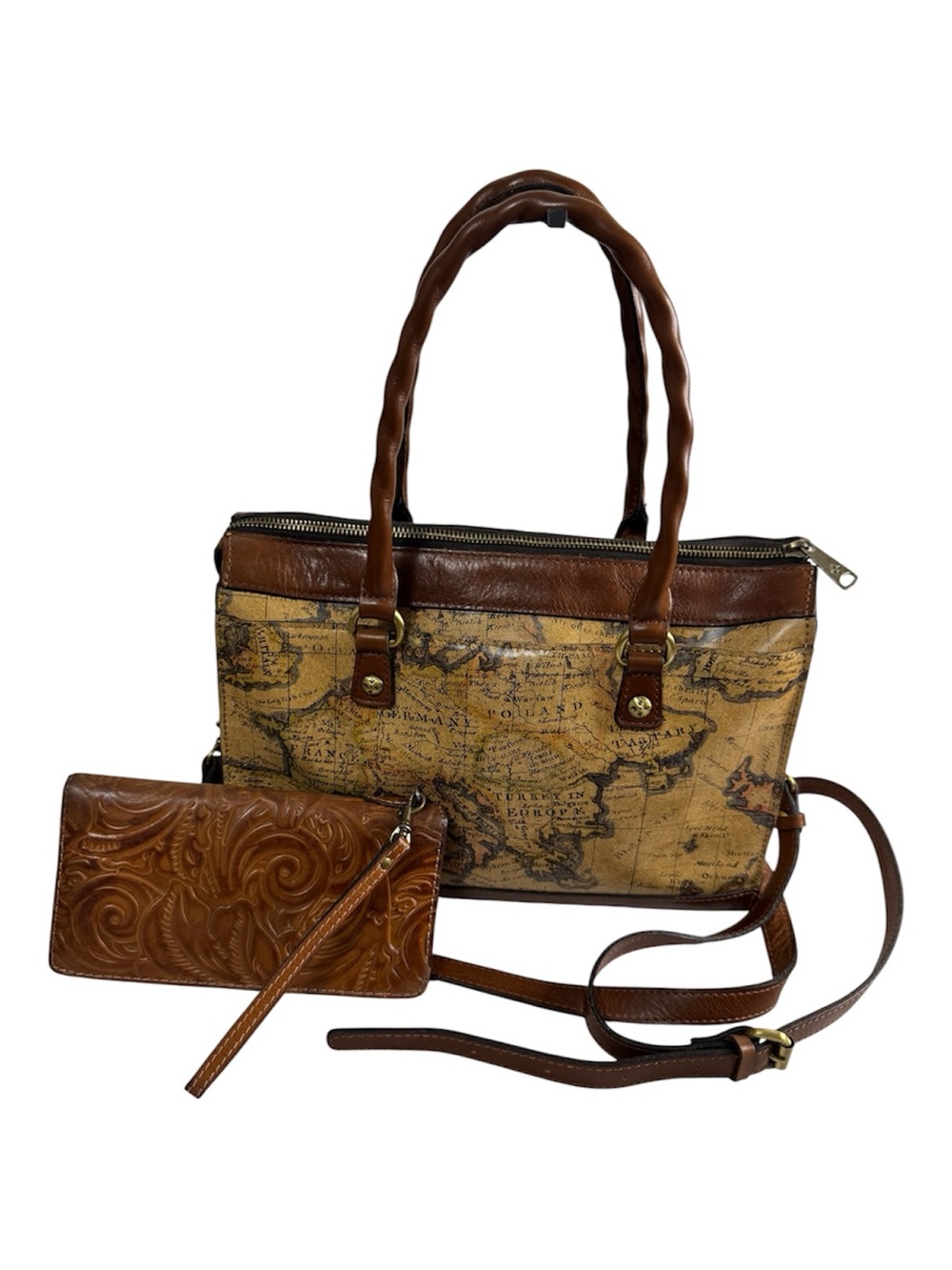 Patricia Nash Josselin Satchel Bag European Map & Valerie Tooled Wallet 2pc Set